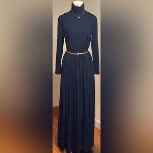 Jonathan Logan Blue Turtle Neck Maxi Dress Comes With Gold Belt.Zip In Back Sz S